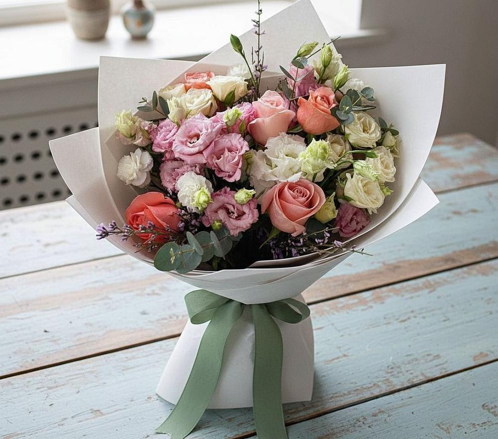 Букет цветов из: Розы, Лизиантусы и Гвоздики в Покрове