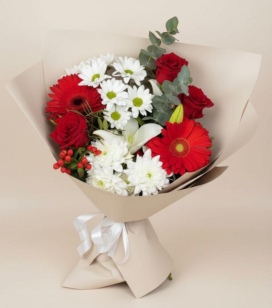 Букет цветов из: Розы, Хризантемы, Герберы и Лилии в Покрове