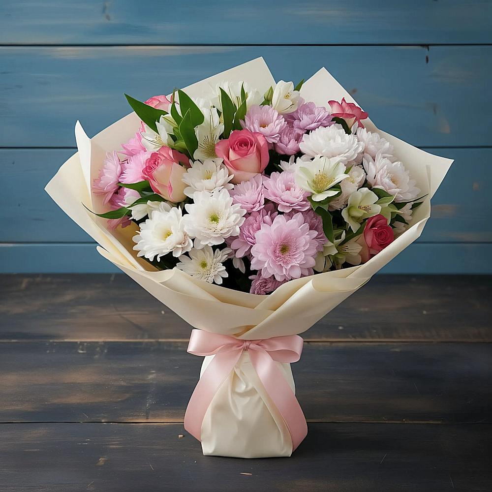 Букет цветов из: Хризантемы, Альстромерии и Розы в Покрове